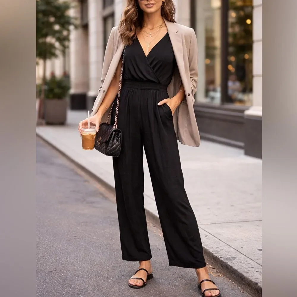 Abercrombie & Fitch Black Sleeveless Wrap Jumpsuit Minimalist Chic
